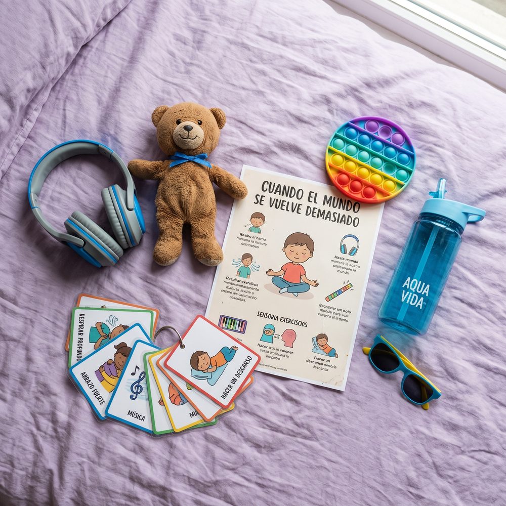 Kit de calma con audífonos, peluche, tarjetas visuales y la guía sobre una cama