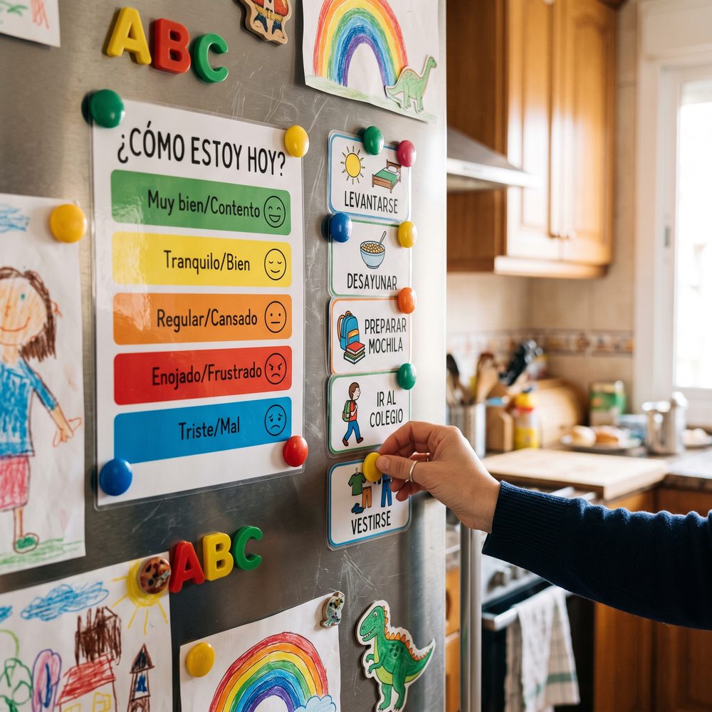 Semáforo de emociones y tarjetas de rutina pegados en el refrigerador